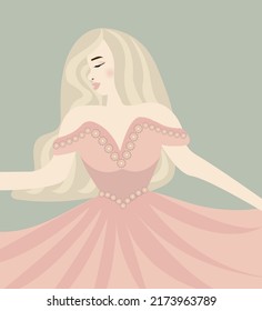 A blonde girl in a beautiful dress is dancing at ball, teenager prom, birthday, celebration, party, soiree, evening. The atmosphere of a princess. Flat vector illustration