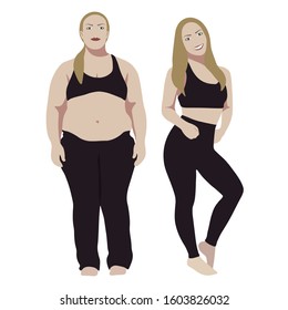 Blonde girl before and after weight loss. Motivation for losing weight. Realistic flat vector illustration on white background. 