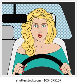 Blonde girl behind the wheel. Vector illustration.