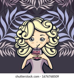 Blonde girl with berries smoothie on tropical leaves background. Vector illustration. Template for tropical drink menu and season decoration.