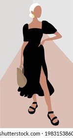 Blonde girl in a black dress. Black sandals and a light woven bag. Modern flat illustration. Design for cards, posters, backgrounds. textiles, templates, avatars, menus.