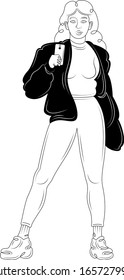 Blonde girl in a black jacket and with a mobile phone in his hand.Character cartoon flat isolated colored drawing sketch continuous line minimalism illustration