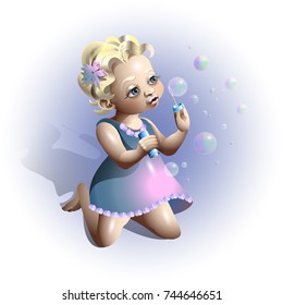 Blonde girl blowing soap bubbles.