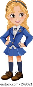 Blonde girl in blue school uniform standing confidently