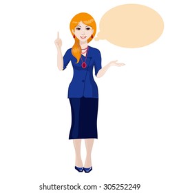 Blonde girl in a blue suit with a skirt. Hand gestures: index finger pointing up. Second hand palm up. Above the hand bubble for text.