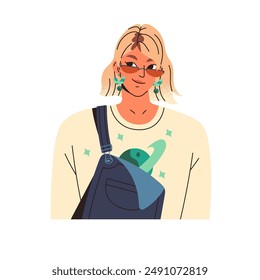 Blondes Mädchen mit Bob Haarschnitt Avatar. Junge Frau mit Schmuck, Ohrringe, Sonnenbrille lächelt Porträt. Person mit glücklichem Gesicht für Benutzerprofil. Flache isolierte Vektorillustration auf weißem Hintergrund