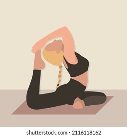 A blonde girl in a brown suit is doing yoga on a mat. Flat vector illustration