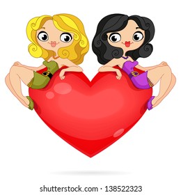 blonde girl and brunette girl sitting on a big red heart