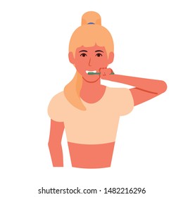 Blonde girl brushing, whitening teeth with toothbrush. Everyday morning routine, hygienic procedure, treatment from caries. Female medical cosmetics. Colorful vector in flat cartoon style