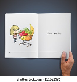 Blonde girl buying fruit in a supermarket. Realistic illustration of a magazine.