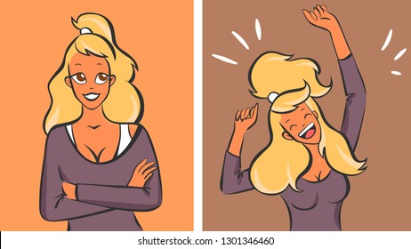 Blonde girl calm then very happy, vector illustration, pastel colors