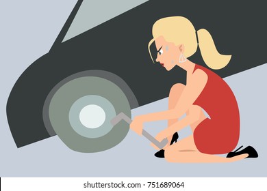 Blonde Girl Changing A Flat Tire - Funny Vector Cartoon Illustration