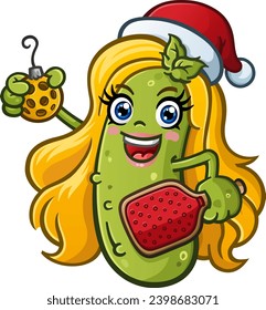 Blonde Girl Christmas Pickle cartoon wearing a santa hat and holding pickleball ornaments full of holiday cheer vector clip art