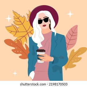 A blonde girl with coffee in her hands. A woman on an autumn background with leaves. She's wearing a hat and a jacket. Autumn style in clothes. Vector illustration is suitable for postcards for autumn