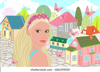 blonde girl and colorful hair band standing outdoors against the backdrop cute town looking over her shoulder