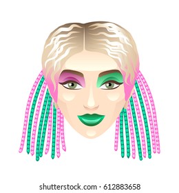 Blonde girl with colorful pigtails isolated vector illustration