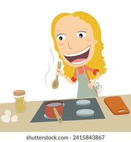 Blonde girl cooking on the stove. Vector Illustration.