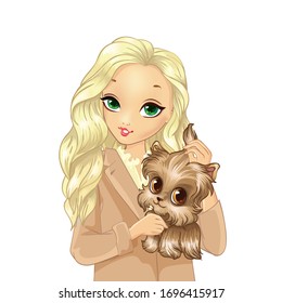 Blonde girl dressed in beige coat holds cute puppy