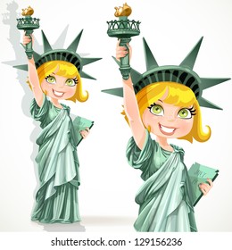 Blonde girl dressed as the Statue of Liberty with torch