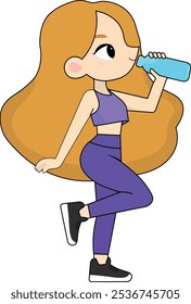 Blonde girl drinking water, in gym clothes, hydrating, illustration