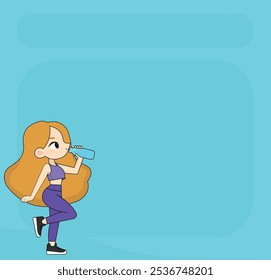 Blonde girl drinking water, in gym clothes, hydrating, illustration, notepad