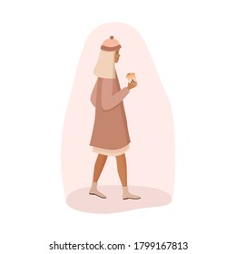 Blonde girl drinks coffee on the street vector  illustration 