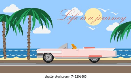 Blonde girl driving flat design vector illustration