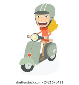 Blonde girl driving a scooter. Vector Illustration.