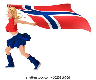 Blonde girl fan holding flag of Norway. Isolated on white vector cartoon illustration