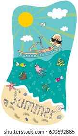 Blonde girl floats on an inflatable mattress in the sea with a drink, fish, pebbles, shells, clouds