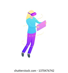 Blonde girl fly in space in modern vr glasses