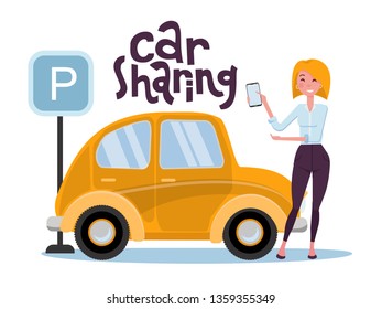 A blonde girl found a car for rent through a mobile application on the phone. Side view of yellow cute retro car at the parking sign. Vector flat cartoon illustration with hand lettering.