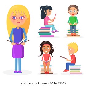 Blonde girl with glasses stands and holds dark book full-length, reading four schoolkids sit on pile of literature vector illustration.