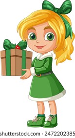 Blonde girl in green dress with present