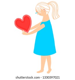 Blonde girl hair with red heart in her hands. Blue short dress, long hair, ponytail. Friendly smiling face. Cartoon character, flat for design, poster, print, cards, banner, birthday greetings, cover