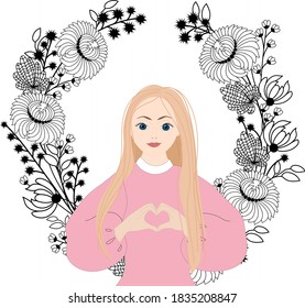 Blonde girl  with hands folded in the form of a heart. Girl on a background of black leaves and flowers. Vector illustration. 