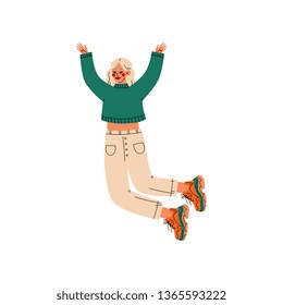 Blonde Girl Happily Jumping Celebrating Important Event, Dance Party, Friendship, Sport Concept Vector Illustration