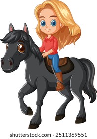 Menina loira alegremente montando um cavalo preto