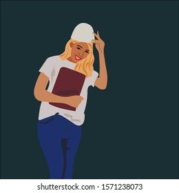 blonde girl in a hard hat smiling in jeans