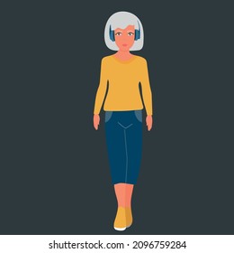 Blonde girl in headphones listens to music. Young woman walking down the street. Flat hand drawn cartoon character. Vector, white background.