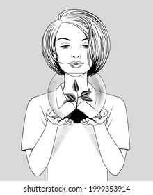 Blonde girl holding an aquarium with a plant sprout in her hands. Vintage engraving stylized drawing. Vector illustration
