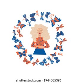 A blonde girl holding flowers in her hands and butterflies fly around her. Summer postcard or print for any product. Vector illustration on white background. 