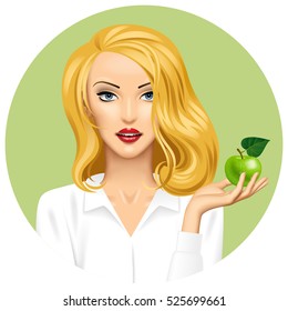 Blonde girl holding in hand an apple on green round background. Vector illustration