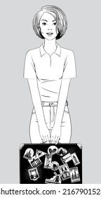 Blonde girl holding in her hands a black suitcase with travel labels. Vintage engraving stylized drawing. Vector illustration