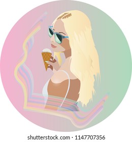 A blonde girl holding an ice cream in her hand. A gradient background including pink and light green colors. Sun tan. 