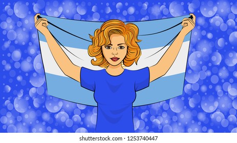 blonde girl holding a national flag of Argentina