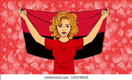 blonde girl holding a national flag of Angola