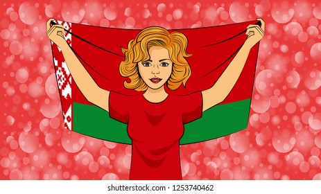 blonde girl holding a national flag of Belarus