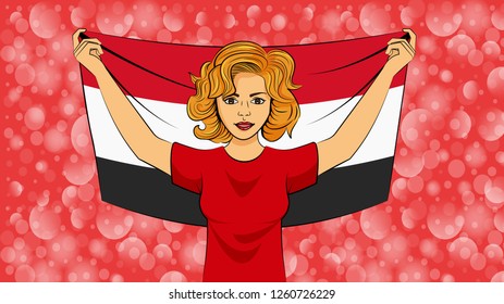 Blonde girl holding a national flag of Yemen