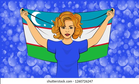 Blonde girl holding a national flag of Uzbekistan